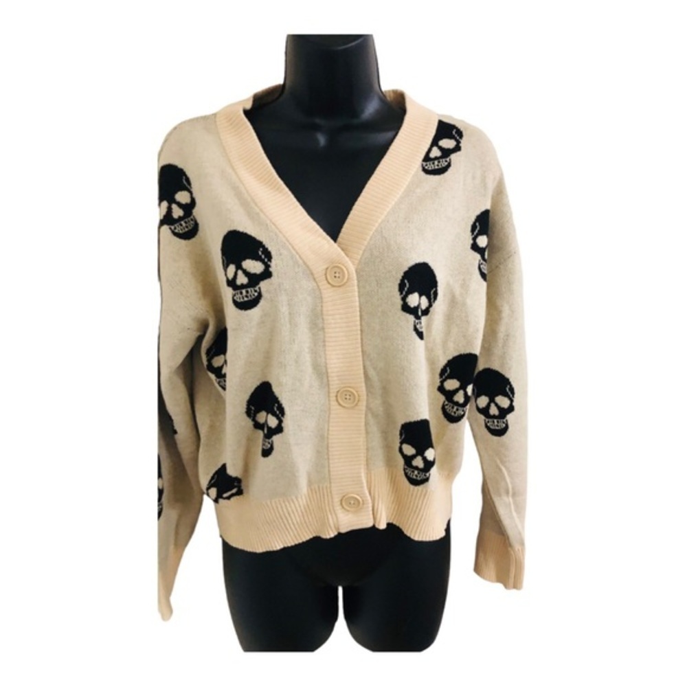 Cream skull print button front v-neck grandpa style cardigan size Medium new - Picture 9 of 11